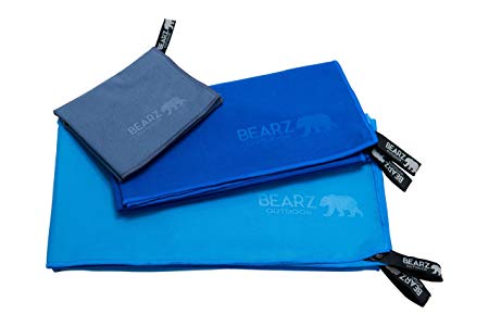 BEARZ Outdoor Microfiber Towel Set for Travel & Sports. Compact & Absorbent Cloth for Camping, Swimming, Beach, Gym, Yoga, Golf. Gear with Bag, Water Resistant Pocket, Carabiner, Face Cloth