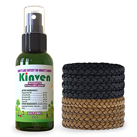 Kinven Anti Mosquito Repellent Bundle - Mosquito Repellent Bracelet & Insect Spray, Waterproof, Natural, DEET-free, Indoor & Outdoor Protection (2oz spray bottle + 8 bracelets, Brown/Black)