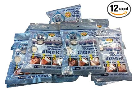 EZ-Towels (12) Bags 50pcs each w/travel tube with ten tablets inside each.