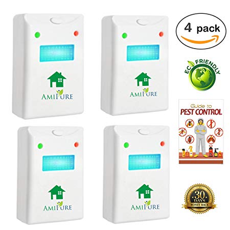 Amipure Ultrasonic Pest Repeller, 4 pack set, plug in 3 in 1 with night light, electromagnetic and ultrasonic