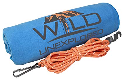 WILD UNEXPLORED Camping & Travel Towel for the True Adventurer - Quick Dry, Antibacterial Microfiber, plus BONUS Drying & Utility Line - Dry your towel & gear anywhere you need!