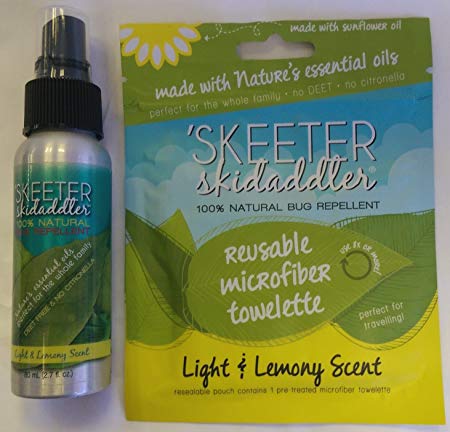 Skeeter Skidaddler 100% Natural Bug Repellent Light & Lemony Scent Pre-treated Microfiber Towelette and Spray Bottle